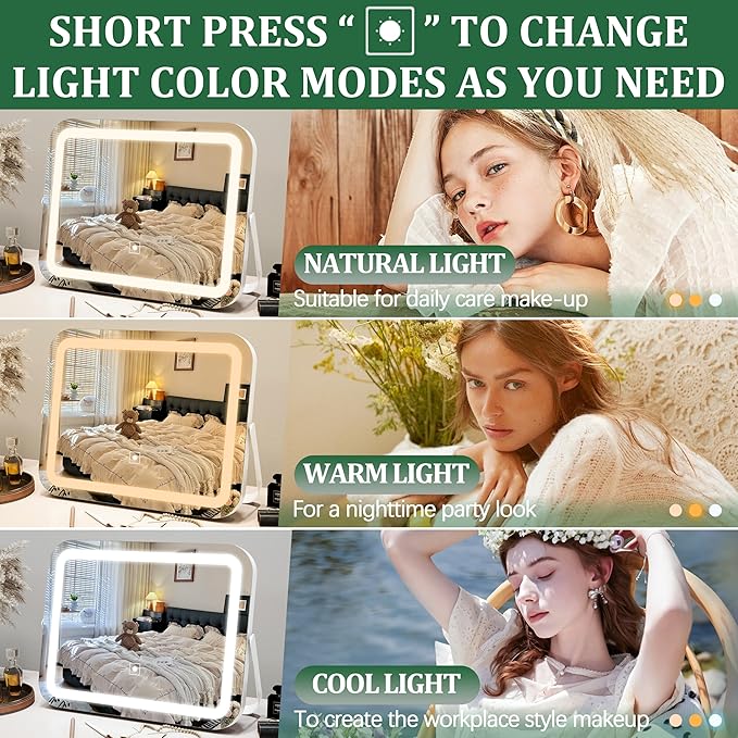 14x10 Inch Lighted Makeup Mirror with 10X Magnification - 3 Mode Dimmable LED & Smart Touch Control - Vanity Mirror with Lights for Desk (White)