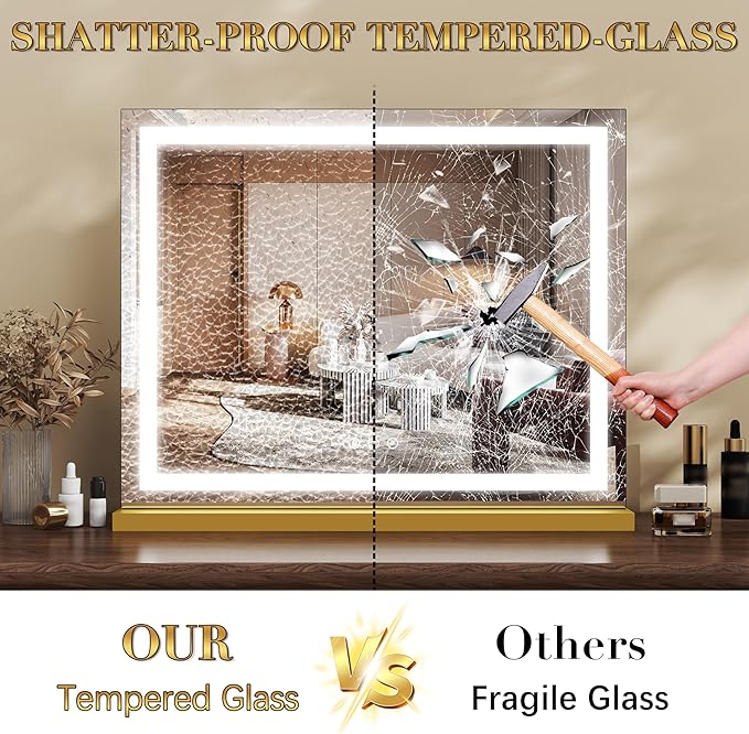 Gold Vanity Mirror with Lights 23x18 Inch, 3-Color Dimmable LED & Touch Control - Large Makeup Mirror for Dressing Room (Wall/Tabletop Mount)