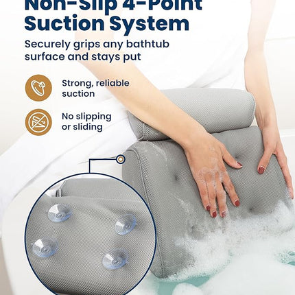 Everlasting Comfort Luxury Bath Pillows for Tub with Head and Neck Support - Non-Slip Bathtub Pillow with Suction Cups, Quick-Drying Mesh & Drying Hook - Jacuzzi & Spa Accessories for Women - Gray