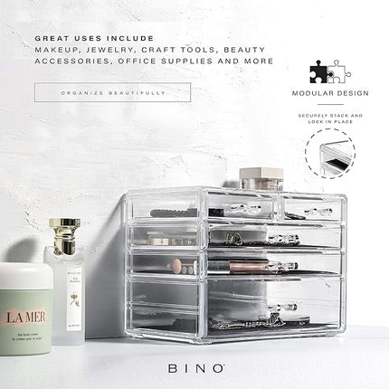 BINO THE MANHATTAN SERIES Acrylic Makeup Drawer Organizer-3 Large 2 Small Drawer | Clear Beauty Organizers and Storage| Cosmetic & Makeup Organizer | Home Organization| Jewelry & Vanity Accessories