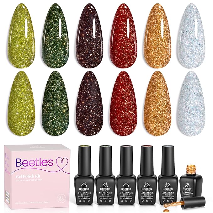 Beetles Glitter Gel Nail Polish Set – Vintage Luminary 6 Sparkling Colors Reflective Long-Lasting UV LED Soak Off Gel Holiday Party Nail Art Kit Gift for Women