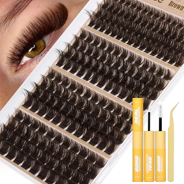 Brown Lash Clusters Kit Fluffy Thick Cluster Eyelash Extensions Kit Volume Dark Brown Eyelash Clusters CC-Curly Individual Lashes 130D 150D 180D 200D Cluster Lashes with Lash Bond and Seal, Tweezers