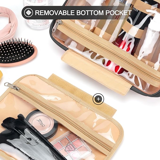 Travel Hanging Toiletry Bag for Women, Large Makeup Bag 8 Leak Proofing Silicone Bottle Covers, Waterproof Cosmetic Bag with Jewelry Organizer Compartment, Toiletries Kit Set, Black