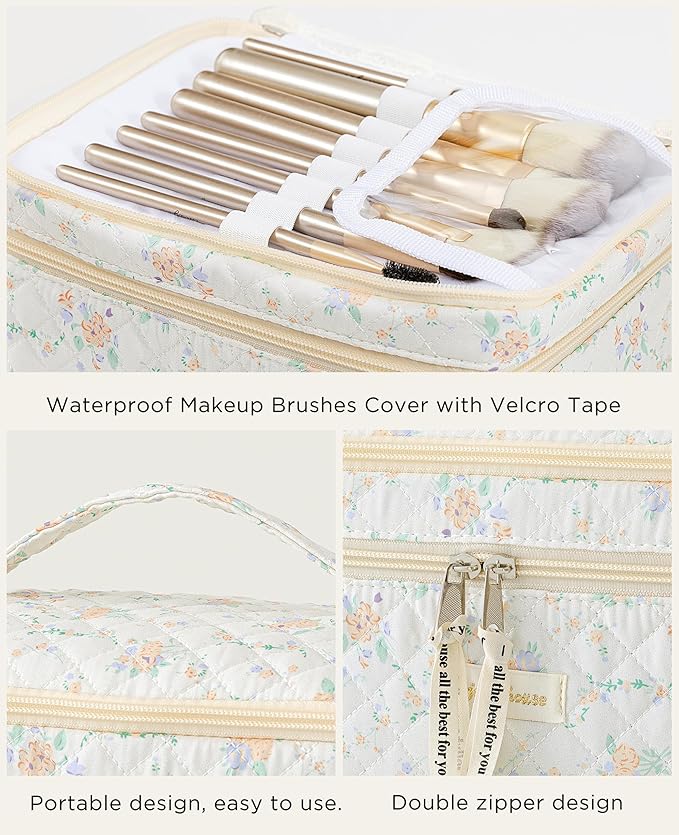 HBselect 2Pcs Travel Makeup Bag, Large Cotton Quilted Makeup Bag Cosmetic Bag Cute Make up Bag Toiletry Bags for Women Girls