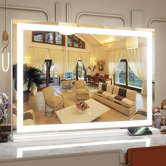 Vanity Mirror with Lights, 32" x 22" Large Lighted Vanity Mirror with Dimmable 3 Modes, LED Makeup Mirror, USB Charging Port, Tabletop or Wall-Mounted Square White
