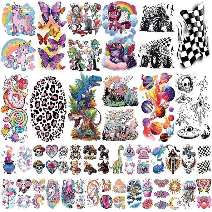 52 Sheets Kids Temporary Tattoos, Full Arm Sleeve Dinosaurs Monster Car Space Fake Tattoos for Boys, Mermaid Unicorn Butterflies Face Body Stickers for Girls Birthday Gifts Party Supplies