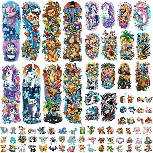 52 Sheets Temporary Tattoos for Kids, Full Arm Sleeve Fake Tattoos for Boys Girls Birthday Party Favors, Waterproof Tattoos with Unicorn Lion Tiger Shark Butterfly Dinosaurs Patterns