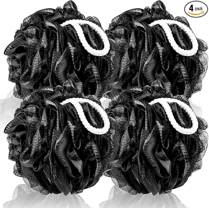 Loofah Sponge XXL-100g 4 Pack, Bath Sponge Soft Mesh Shower Puff Loofah for Men, Exfoliating Body Scrubber for Women, Shower Accessories (Black)