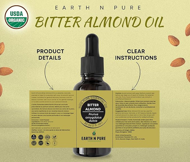 Earth N Pure Bitter Almond Oil (Badam Oil) Cold Pressed, Therapeutic Grade for Body, Skin, Hair 30 ml