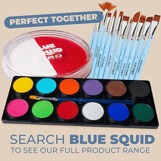 Blue Squid Face Paint Water Based Single Cake Professional Face Paint & Body Paint - Water Activated, Kids Adults Face Painting for Costume, Halloween Makeup, Cosplay - Red & White Face Paint 30g