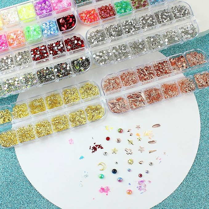 Artdone Nail Art Studs Kit, 6 boxes Multicolor And Design 3D Charms With 15 Sheets Gold Nail Stickers, Diamond Cute Nail Jewels For DIY Decoration with Pickup Tools