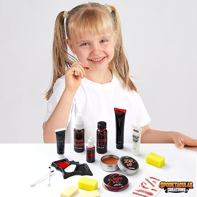 Spooktacular Creations 16 Pcs Halloween Family Makeup Kit Face Body Paint with Liquid Blood Gel, Fake Blood and More Easy On Makeup Set for Zombie Costume Cosplay Halloween Party Supplies