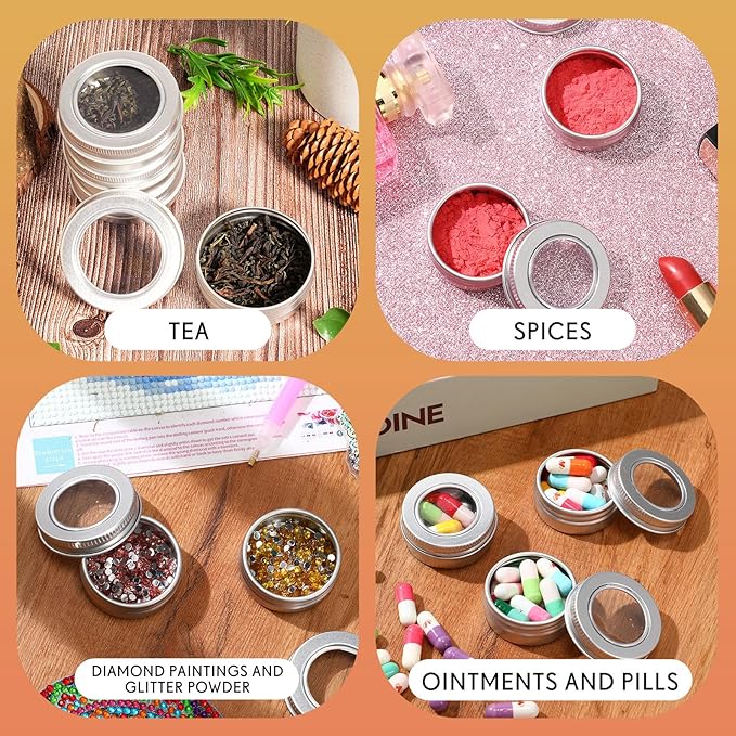 Zubebe 50 Pcs Aluminum Tin Jar Refillable Containers Clear Top Screw Lid Round Tin Container Bottle for Cosmetic, Cream, Diamond Painting, Salves, Balms, Lip Balm, Spices or Others, Silver (1 oz)