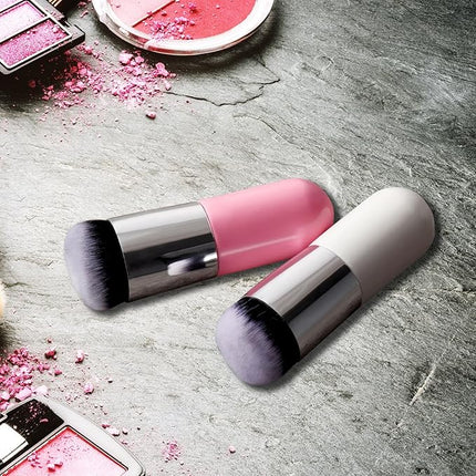 2 Pieces Foundation Brush Chubby Makeup Brush Kabuki Makeup Brush Travel Powder Brush for Blending Liquid, Cream or Powder Cosmetics (white and rose gold, pink and silver)