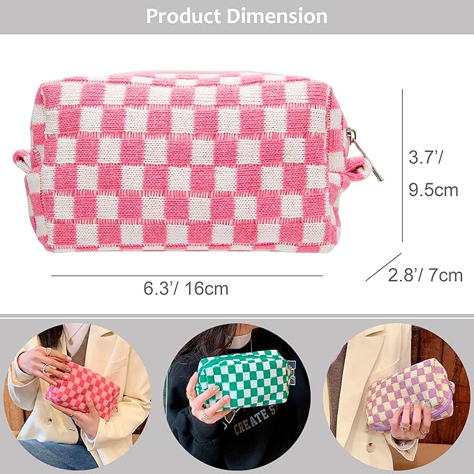 PAZIMIIK Checkered Makeup Bag for Purse Portable Zipper Make Up Pouch Small Cosmetic Case for Travel Accessories (2PCS Pink)