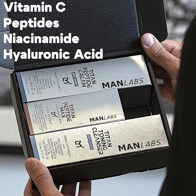 Titan Golden Anti-Aging Mens Skin Care Kit – Wash, Face Serum, Mens Face Moisturizer – Men, Skin Care Set – Dark Spots, Wrinkles, Fine Lines – Vitamin C, Peptides, Niacinamide, HA – Unscented