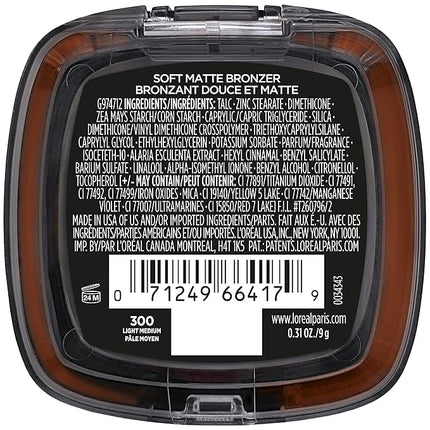 L'Oreal Paris Infallible Up to 24H Fresh Wear Soft Matte Longwear Bronzer. Waterproof, heatproof, Transfer, humidity and sweatproof, Light Medium, 0.31 oz