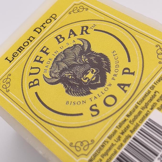 Bison Tallow Buff Soap Bar, Lemon Drop, (2 pack) - Scents of Lemon, Orange, & Lemongrass - Cleans, Moisturizes, Soothes, Hydrates - No Dyes, Chemicals, or Preservatives
