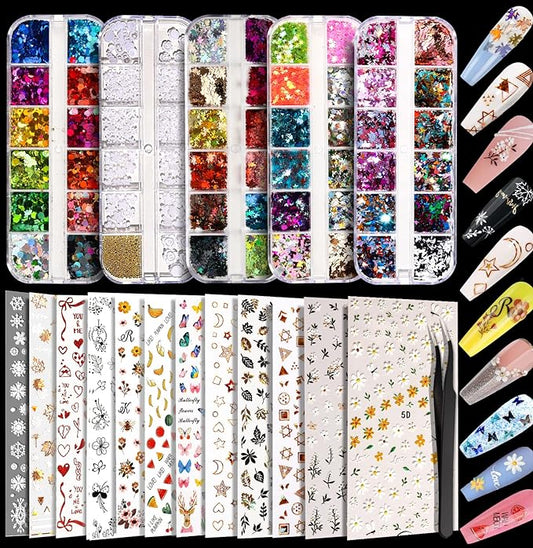 Teenitor 12 Sheets Nail Art Sticker Self-Adhesive, Flower Nail Stickers 5D Embossed Nail Decals, 5 Boxes Nail Glitter Sequins Flakes, Nail Art Design Tools Self Adhesive