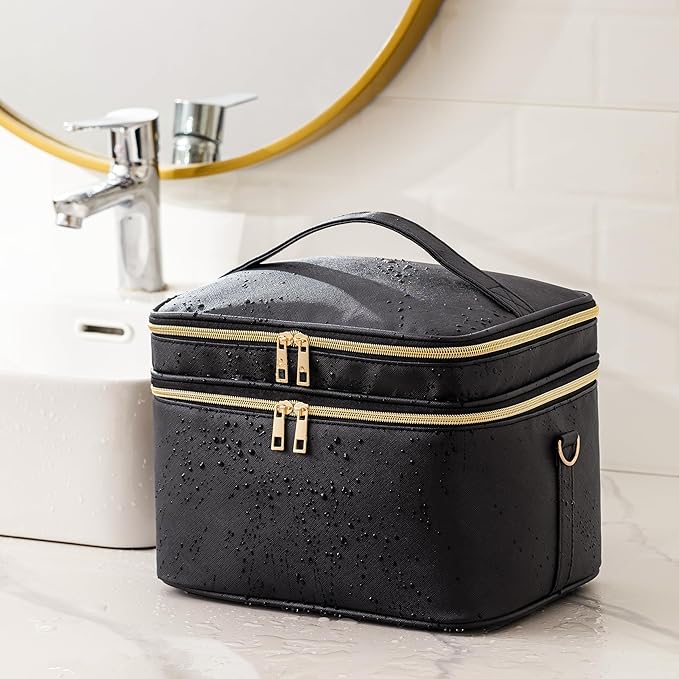 Makeup Bag for Women XL-Large Travel Makeup Bag Organizer Portable Toiletry Bag Cute Makeup Bags Waterproof Leather Cosmetic Bag Makeup Case with Removable Dividers, Black