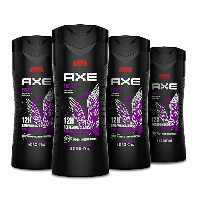 AXE Body Wash 4 Count 12h Refreshing Scent Excite Crisp Coconut & Black Pepper Men's Body Wash with 100% Plant-Based Moisturizers 16 oz