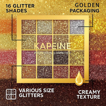 K'APEINE Gold Glitter Eyeshadow Palette, 16Colors Fine Pressed Sparkle Eye Shadow Metallic Glitter Powder Makeup Pallet Ultra Shimmer Makeup Kit Highly Pigmented Long Lasting Waterproof for Face Body