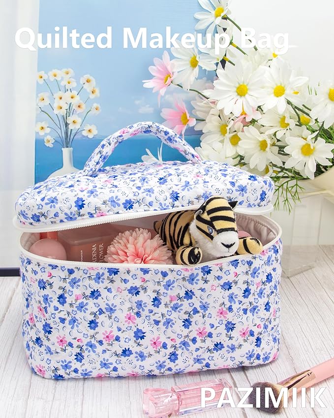PAZIMIIK Quilted Makeup Bag Large Travel Zipper Soft Cosmetic Case for Women Girls Make Up,Floral Blue