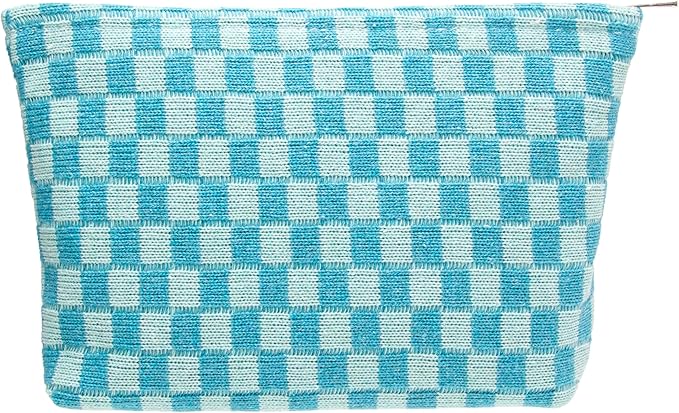 PAZIMIIK Knitted Checkered Makeup Bag Large Zipper Make Up Accessory Pouch for Purse Cosmetic Brush Bag for Travel Essential Lake Blue