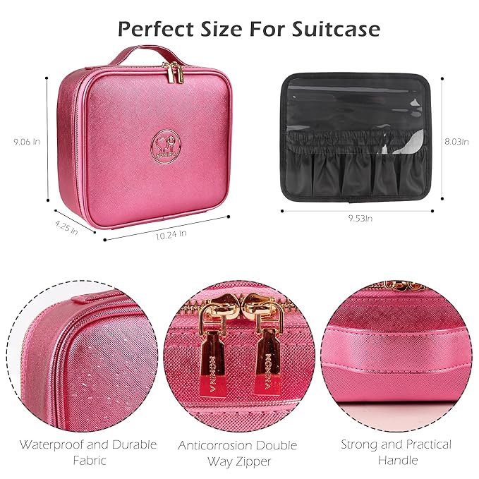 MOMIRA Travel Makeup Bag Cosmetic Bag Makeup Organizer Bag with Lighted Mirror, Adjustable Brightness in 3 Color Scenarios, Waterproof Makeup Train Case, Gift for Women - Brilliant Rose