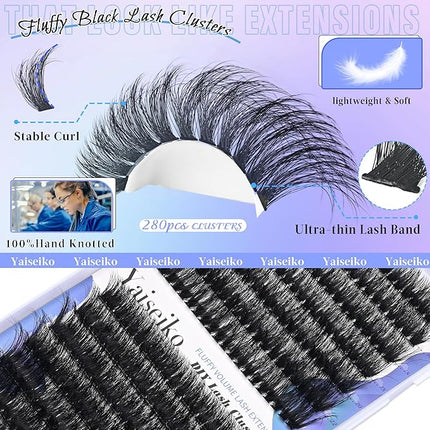 Fluffy Lash Cluster Eyelash Extensions 14-25mm Thick Lash Clusters 60D+80D D Curl Wispy Individual Lashes 280pcs False Eyelashes DIY Plant Fibers Lash Extension, by Yaiseiko
