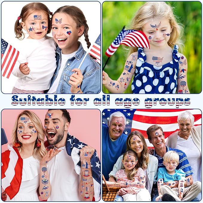 106 PCS 4th of July Tattoos, Fourth of July Tattoos for Kids, Patriotic Temporary Stickers, American Flag Red White Blue Decor for Independence Day Accessories Decoration Supplies Favors