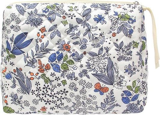 PAZIMIIK Quilted Makeup Bag Large Travel Zipper Soft Cosmetic Pouch for Women Girls Make Up,Leaf White