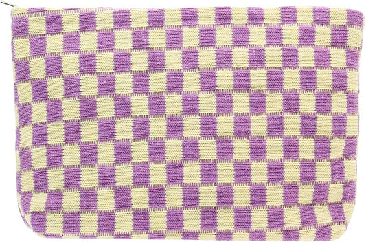 PAZIMIIK Knitted Checkered Makeup Bag Large Zipper Make Up Accessory Pouch for Purse Cosmetic Brush Bag for Travel Essential,Purple
