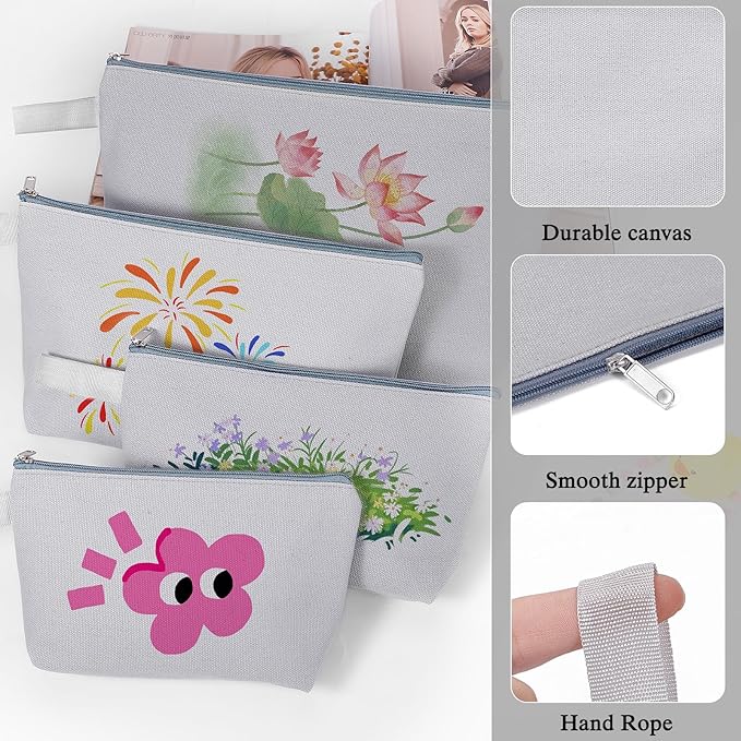 10 Pieces Cotton Canvas Makeup Bag with Bottom and Strap, Multi-Purpose Cosmetic Bag with Zipper Travel Toiletry Pouch, Blank DIY Craft Bag (Grey, XS)