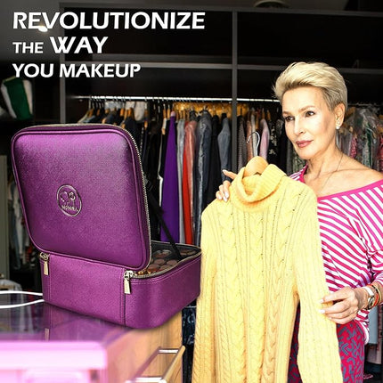 MOMIRA Travel Makeup Bag Cosmetic Bag Makeup Organizer Bag with Lighted Mirror, Adjustable Brightness in 3 Color Scenarios, Waterproof Makeup Train Case, Gift for Women - Brilliant Purple