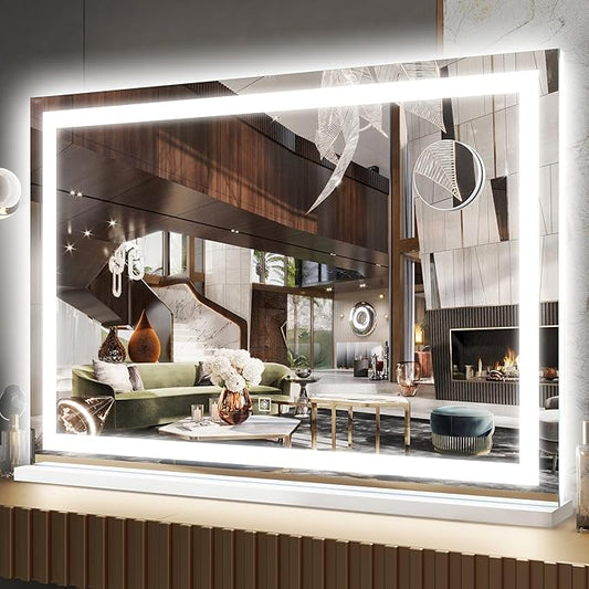 FENNIO Large Vanity Mirror with Lights，32" x 22"Lighted Makeup Mirror, Large Makeup Mirror with Lights, Touch Sensor with Dimmable 3 Modes， Vanity Mirror Square White