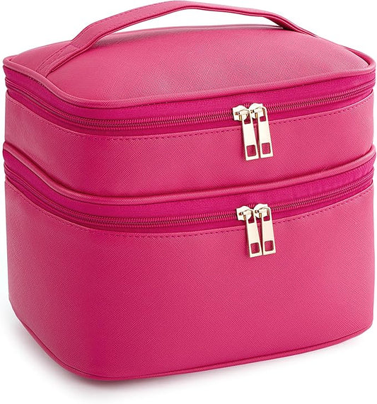 Makeup Bag for Women X-Large Travel Makeup Bag Organizer Portable Toiletry Bag Cute Makeup Bags Waterproof Leather Cosmetic Bag Makeup Case with Removable Dividers, Rose Red