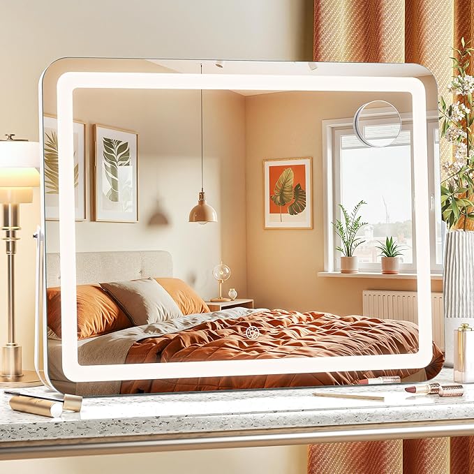 MINISO Vanity Mirror with Lights, 20" x 16" LED Makeup Mirror, Light & Brightness Adjustment, Smart Sensor, 360°Rotation, Aluminum Alloy Metal White Frame, with 5X Magnifying Glass
