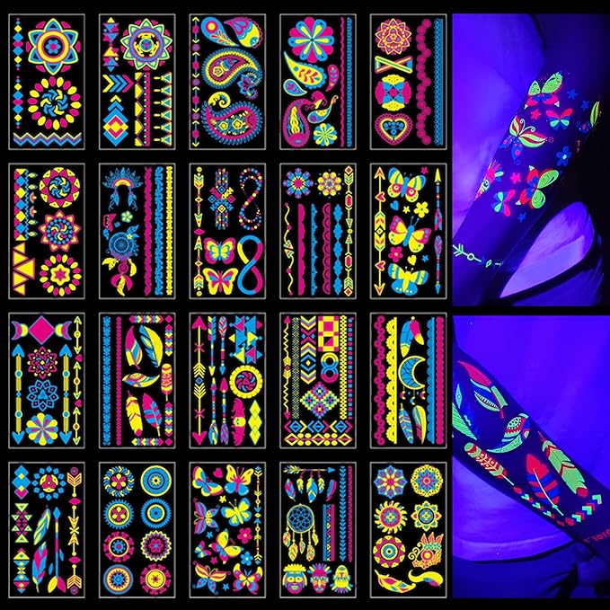 Glow in the Dark Tattoos 172 PCS – Glow in the Dark Party Supplies, Neon Body Paint Be UV Blacklight Reactive Face Temporary Tattoos for Adults, Teens | Neon Accessories, Party Favors & Decorations