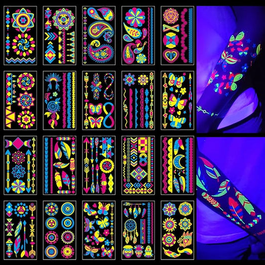 Glow in the Dark Tattoos 172 PCS – Glow in the Dark Party Supplies, Neon Body Paint Be UV Blacklight Reactive Face Temporary Tattoos for Adults, Teens | Neon Accessories, Party Favors & Decorations