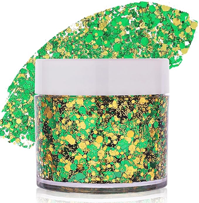 St Patricks Day Accessories Green Face Glitter Gel,Gold Hair Glitter Green St Patrick's Day Outfit for Women,Mardi Gras Carnival Face Paint Body Glitter Sparkling Festival Chunky Makeup
