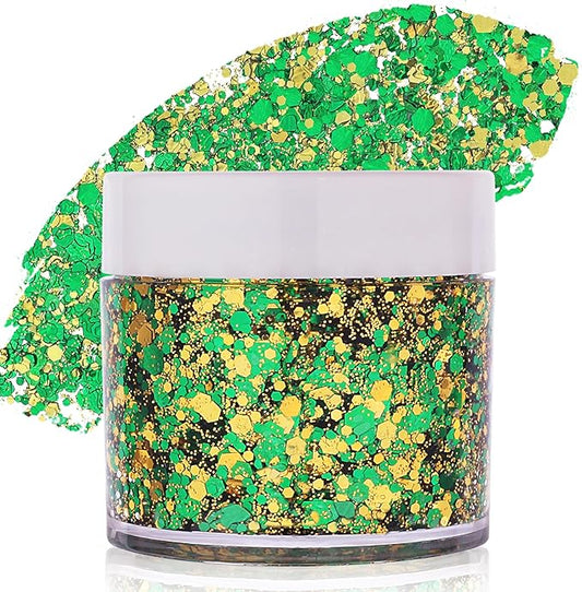 St Patricks Day Accessories Green Face Glitter Gel,Gold Hair Glitter Green St Patrick's Day Outfit for Women,Mardi Gras Carnival Face Paint Body Glitter Sparkling Festival Chunky Makeup