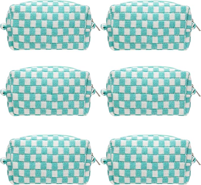 PAZIMIIK Checkered Makeup Bag for Purse Portable Zipper Make Up Pouch Small Cosmetic Case for Travel Accessories (6PCS Arctic Blue)