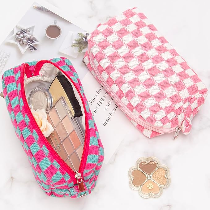 Checkered Makeup Bag for Purse Portable Zipper Make Up Pouch Small Cosmetic Case for Travel Accessories Pink White