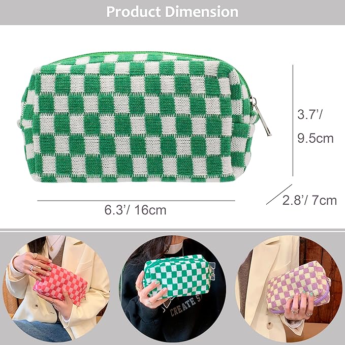 PAZIMIIK Checkered Makeup Bag for Purse Portable Zipper Make Up Pouch Small Cosmetic Case for Travel Accessories (6PCS Green)