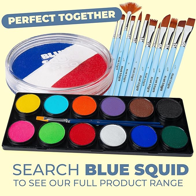 Blue Squid Face Paint Water Based Single Cake Professional Face & Body Paint - Water Activated, Kids Adults Face Painting for Costume, Halloween Makeup, Cosplay - Red, White & Blue Face Paint 30g