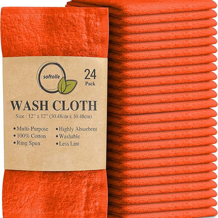 Softolle 100% Cotton Washcloths 24 Pack (12x12 Inches) Soft, Highly Absorbent Washcloth, Face Towels, Wash Cloths for Face, Ring Spun, Bulk Pack (Orange, 24 Pack)