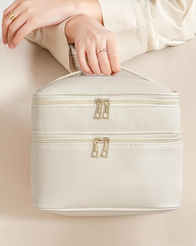 Makeup Bag for Women, X-Large Travel Makeup Bag Organizer, Portable Toiletry Bag, Cute Makeup Bags Waterproof Leather Cosmetic Bag Makeup Case with Removable Dividers, Beige