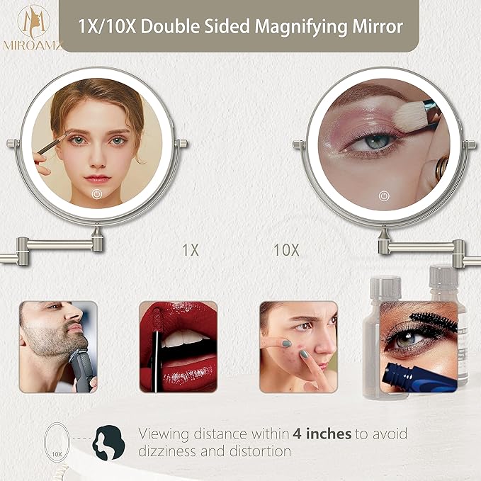 Rechargeable Wall Mounted Lighted Makeup Vanity Mirror 8 Inch Double Sided 1X 10X Magnifying Bathroom Mirror, 3 Color Lighting, Touch Screen, 360 Rotation, Shaving Mirror Brushed Nickel