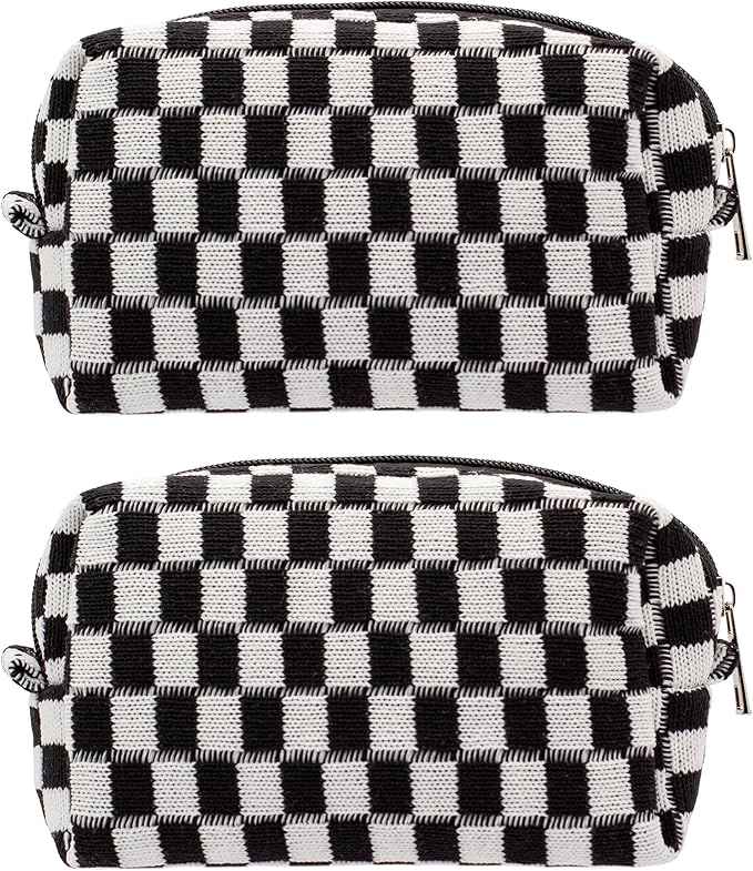 PAZIMIIK Checkered Makeup Bag for Purse Portable Zipper Make Up Pouch Small Cosmetic Case for Travel Accessories (2PCS Black)